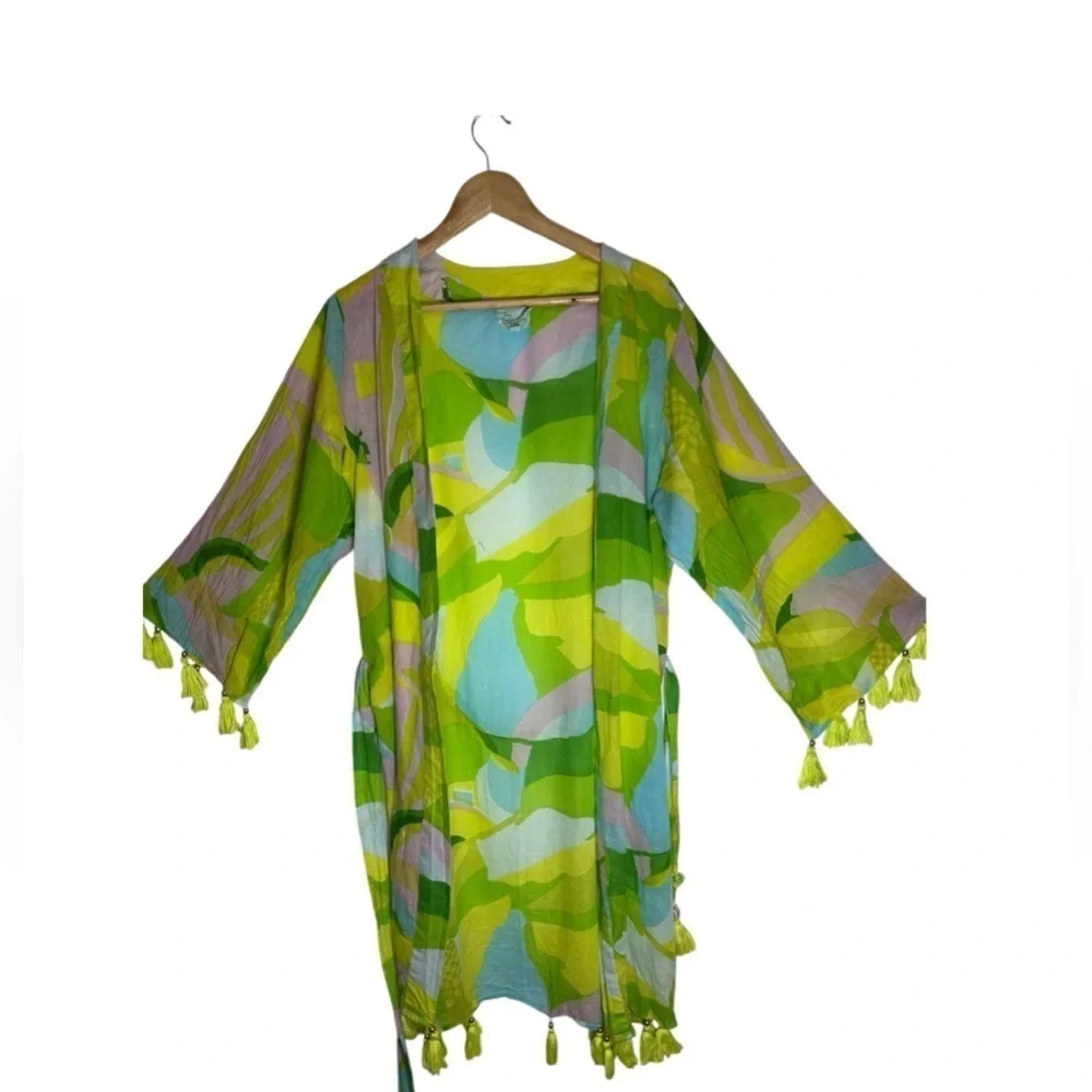 True Destinations 100% Cotton Bright Printed Tassel Trim Cover Up Robe Belt Sz L
